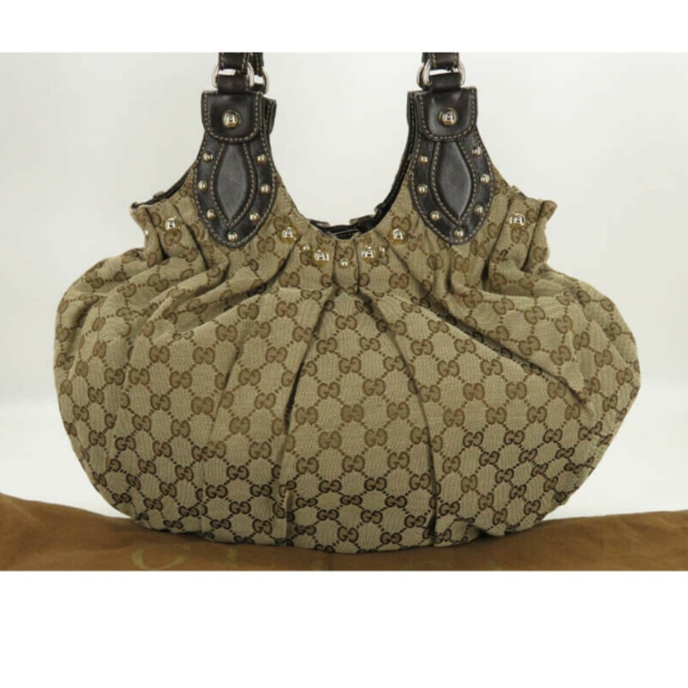 💯 AUTH GUCCI GG CANVAS LEATHER STUDED GATHER BAG - Picture 2 of 9